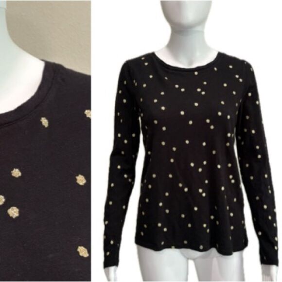 Boden Tops - BODEN Gold Metallic Polka Dot Long Sleeve T-Shirt Womens Size Small Black Tee